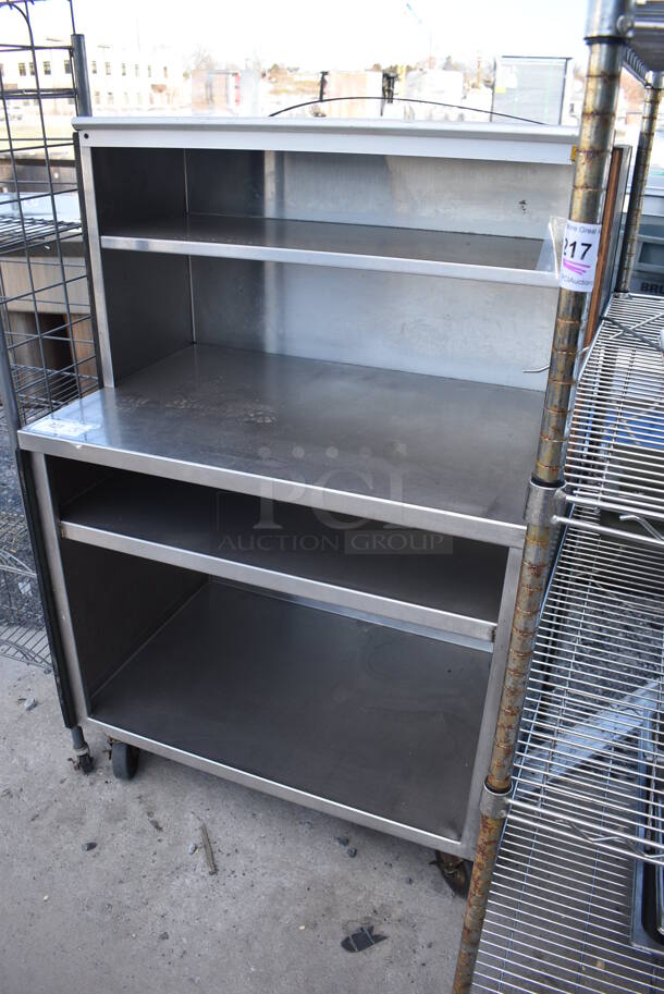 Stainless Steel Commercial Table w/ 2 Under Shelves and 2 Over Shelves on Commercial Casters. 36x24x55 - Image 3 of 5