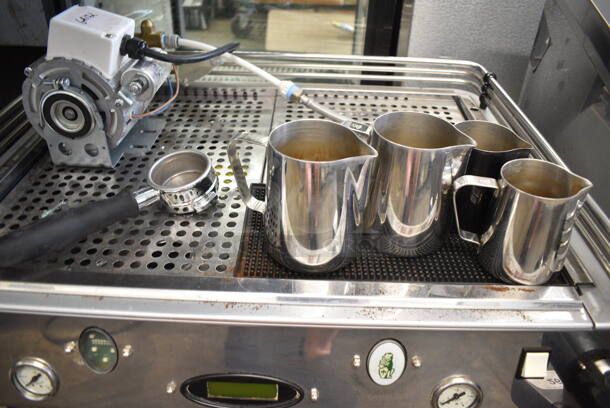 2015 La Marzocco GB5-EE Stainless Steel Commercial Countertop 2 Group Espresso Machine w/ 2 Portafilters and 2 Steam Wands. 220 Volts, 1 Phase.  - Image 4 of 9