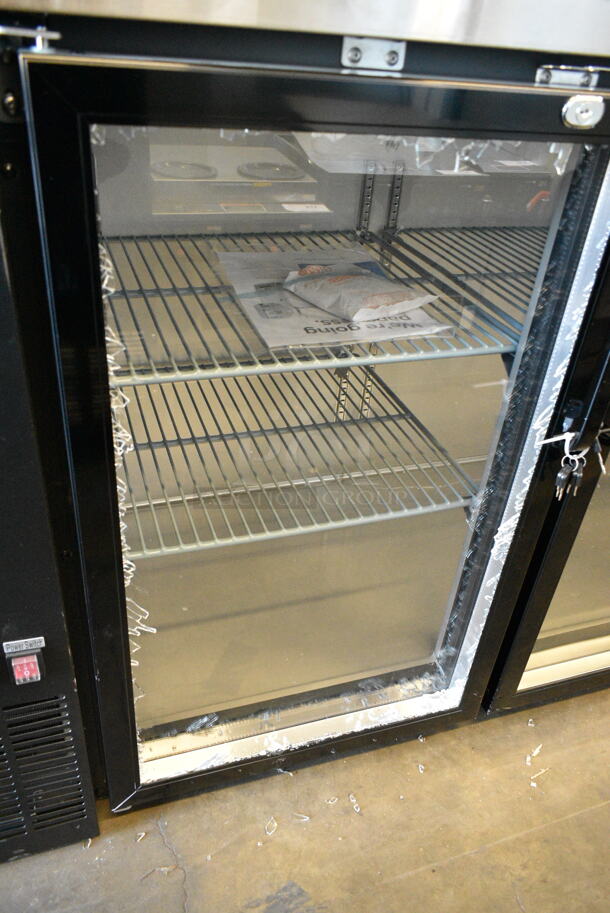 BRAND NEW SCRATCH AND DENT! 2024 Avantco 178UBB72GHC Stainless Steel Commercial 73" Black Counter Height Narrow Glass Door Back Bar Refrigerator with LED Lighting. See Pictures for Broken Glass. 115 Volts, 1 Phase. Tested and Working! - Image 3 of 8
