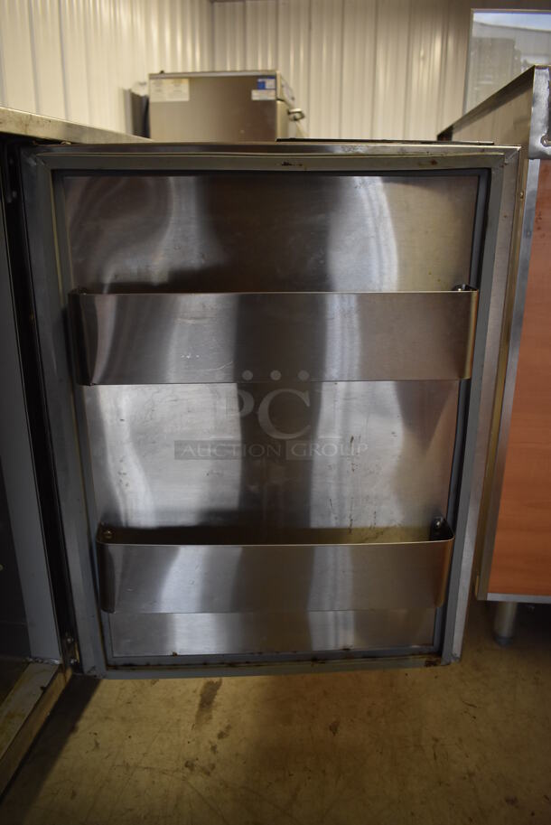 2011 Duke RBC-60M Stainless Steel Commercial 2 Door Work Top Cooler w/ Wood Pattern Doors on Commercial Casters. 120 Volts, 1 Phase. 60x30x40. Tested and Working! - Image 8 of 8