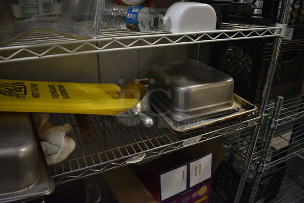 Chrome Finish 4 Tier Shelving Unit w/ Contents Including Poly Containers, Stainless Steel Bins and Stock Pot. 48x18x74. BUYER MUST REMOVE. BUYER MUST DISMANTLE. PCI CANNOT DISMANTLE FOR SHIPPING. PLEASE CONSIDER FREIGHT CHARGES. (kitchen) - Image 8 of 12