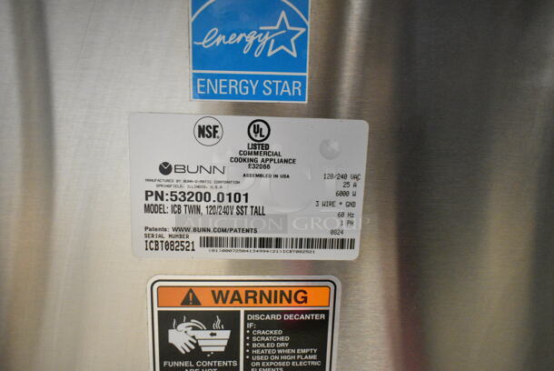 BRAND NEW SCRATCH AND DENT! 2024 Bunn ICB TWIN ENERGY STAR Stainless Steel Commercial 53200.0101 ICB Twin Tall Infusion Series Stainless Steel Automatic Coffee Brewer w/ 2 Poly Brew Baskets. Does Not Come w/ Satellites. 120/240 Volts, 1 Phase.  - Image 12 of 12