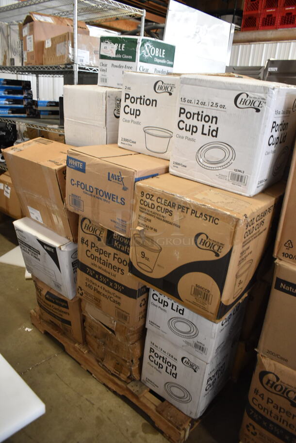 PALLET LOT of 25 BRAND NEW Boxes Including 3 Boxes 127PL2 Choice PET Plastic Lid for 1.5 to 2.5 oz. Souffle Cup / Portion Cup - 2500/Case, Box 2 oz Portion Cups, 500CC9 Choice 9 oz. Clear PET Customizable Plastic Squat Cold Cup - 1000/Case, 3 Box Charger Plate, 500CFT Lavex White C-Fold Standard Weight Towel - 2400/Case, 2 Box 795PTOKFTW4 Choice 8 3/4" x 6 1/2" x 3 1/2" Kraft Folded Paper #4 Take-Out Container with Window - 140/Case, 130HCUTFWR Visions Individually Wrapped White Heavy Weight Plastic Fork - 1000/Case, 2 Box 612509LCO Choice 9" Round Standard Weight Foil Take-Out Pan with Board Lid - 200/Case, 2 Box AD06 Genpak 6 oz. Clear Hinged Deli Container - 400/Case, 612P509S Choice 9" Clear Round Plastic Dome Lid - 500/Case, 394365L Noble Products Powder-Free Disposable Clear Vinyl Gloves for Foodservice - Large - 1000/Case, 2 Box 130BKFSNH Visions Heavy Weight Black Wrapped Plastic Cutlery Pack with Napkin - 500/Case, 128HD8COMBO ChoiceHD 8 oz. Microwavable Translucent Plastic Deli Container and Lid Combo Pack - 240/Case, 176ALSPILLFL Choice Full Size 6" Deep Aluminum Steam Table Spillage / Water Pan. 25 Times Your Bid! - Image 1 of 12