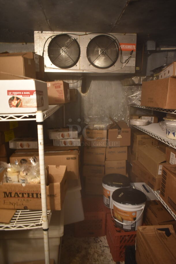 2 Harford Walk In Boxes That Make One 17'x9.5'x7.5' Combo Box w/ Russell STE26-75B-D 230 Volt, 1 Phase Evaporator and Kramer 230 Volt, 1 Phase Evaporator. Does Not Include Contents. Left Side is 8'x9.5'x7.5' and Right Side is 9'x9.5'x7.5'. 2 Times Your Bid! BUYER MUST REMOVE: This Item CANNOT Be Transported; Must Pick Up By Appointment Only. Freon Will Be Removed Before Pick Up Day. Tested and Working! (dish room) - Image 9 of 12