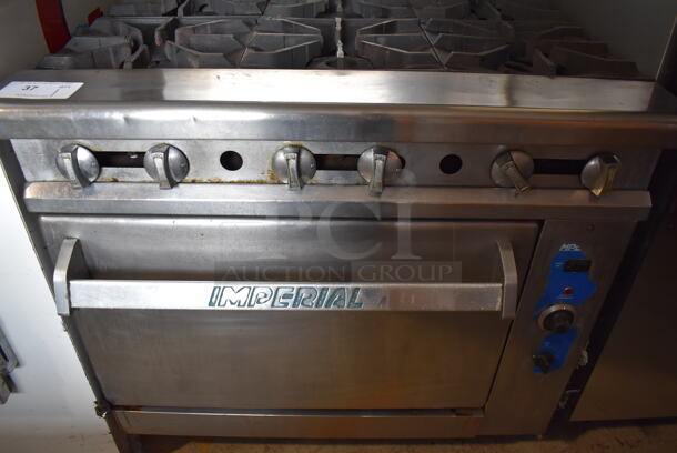 Imperial Stainless Steel Commercial Natural Gas Powered 6 Burner Range w/ Convection Oven, Over Shelf and Back Splash on Commercial Casters. 36x34x57 - Image 3 of 9