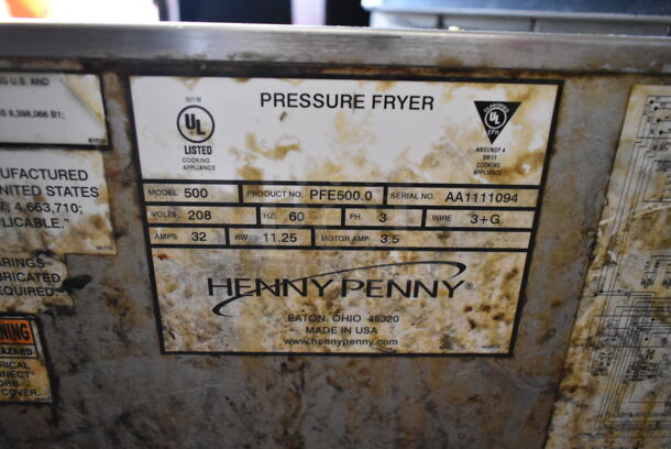Henny Penny 500 Stainless Steel Commercial Floor Style Electric Powered Pressure Fryer w/ Metal Fry Basket on Commercial Casters. 208 Volts, 3 Phase.  - Image 7 of 7