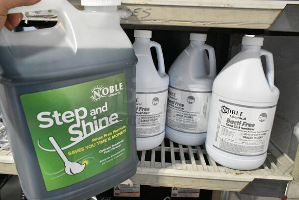 4 BRAND NEW SCRATCH AND DENT! Items Including Noble Chemical 2.5 Gallon / 320 oz. Step & Shine Concentrated Floor Cleaner Jug and 3 Noble Chemical 1 Gallon / 128 oz. Bacti-Free Concentrated Third Sink Sanitizer. 4 Times Your Bid!  - Image 2 of 6