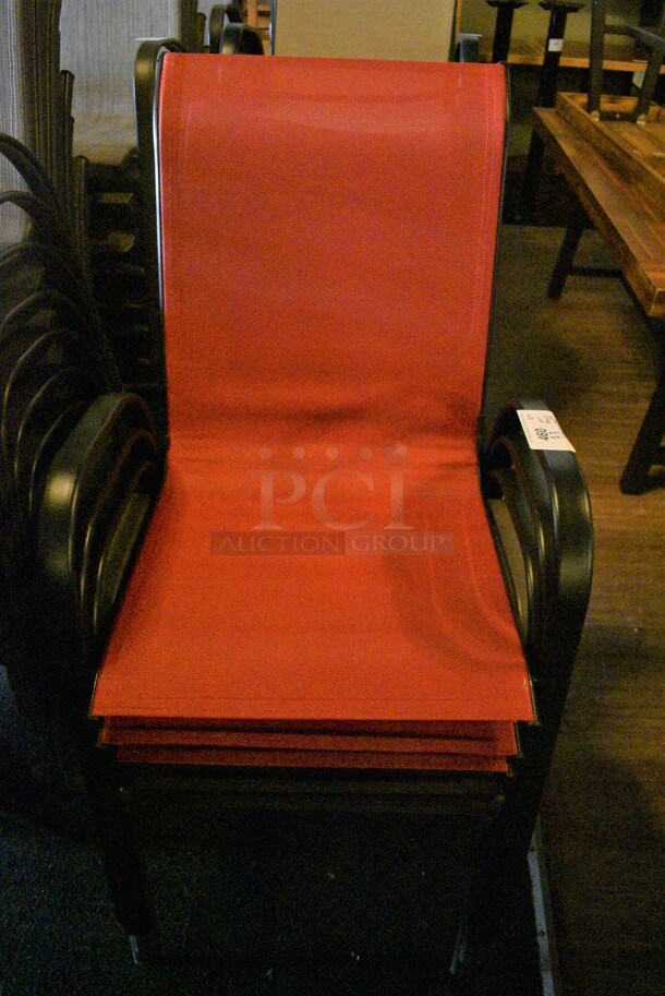 5 Metal Outdoor Patio Chairs w/ Arm Rests; 2 Brown Seats and 3 Red Seats. BUYER MUST REMOVE. 22x24x36. 5 Times Your Bid! (Susquehanna Ale House) - Image 1 of 4