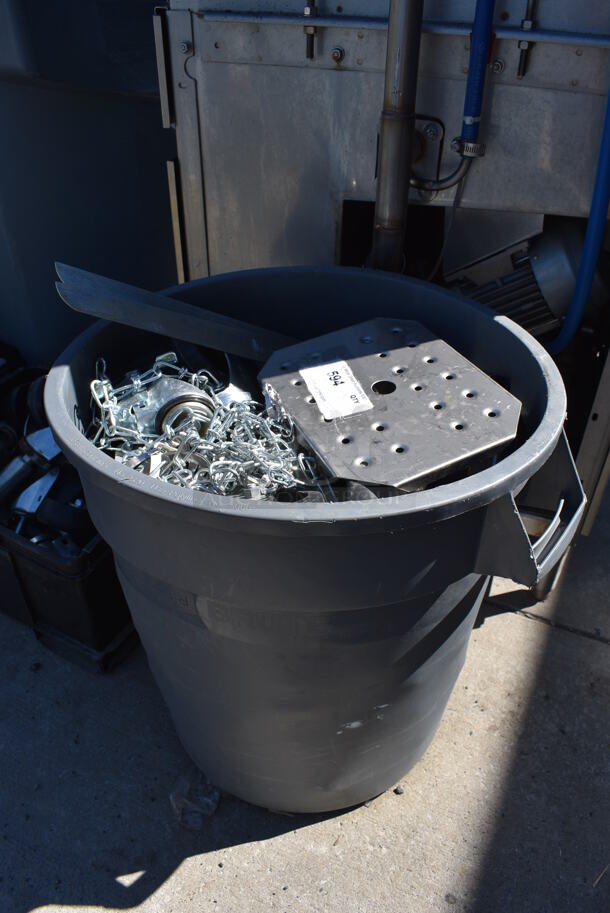 ALL ONE MONEY! Lot of Various Items Including Commercial Casters and Chain in Gray Poly Trash Can. 19x16x23