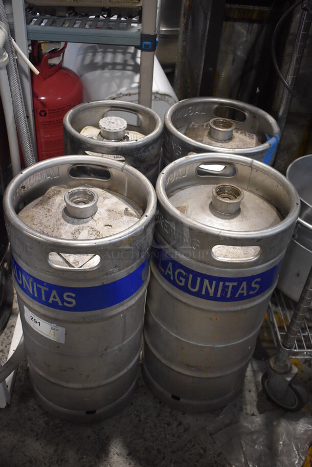 4 Metal Kegs; Three 1/74 Size Barrel and One 1/6 Size Barrel. 11x11x23.5, 9x9x23.5. 4 Times Your Bid!