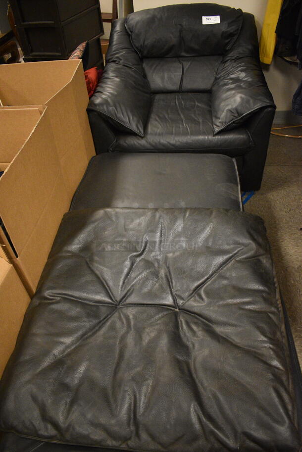 Black Leather Chair With 2 Black Leather Ottomans