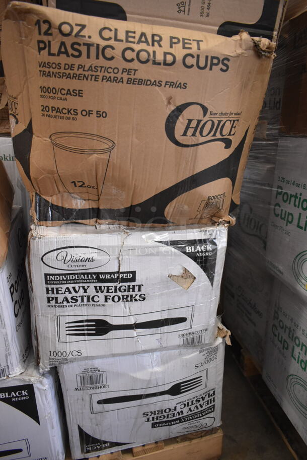 PALLET LOT of 25 BRAND NEW Boxes Including 12224X1HD Choice 24" x 1000' Food Service Heavy-Duty Aluminum Foil Roll, 129MCS38B Choice 38 oz. Black Rectangular Microwavable Heavy Weight Container with Lid 8 3/4" x 6 1/4" x 2" - 150/Case, 3 Box 130HBKCUTFW Visions Individually Wrapped Black Heavy Weight Plastic Fork - 1000/Case, 127P2C Choice Clear Plastic Souffle Cup / Portion Cup - 2 oz. - 2500/Case, 4070029 Choice Full Size 2 1/2" Deep 24 Gauge Anti-Jam Stainless Steel Steam Table / Hotel Pan, 500MFTN Lavex Natural Brown Kraft M-Fold (Multifold) Towel - 4000/Case, 394365L Noble Products Powder-Free Disposable Clear Vinyl Gloves for Foodservice - Large - 1000/Case. 25 Times Your Bid! - Image 5 of 10