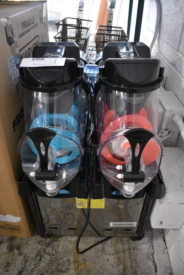 Narvon Model AURORA 2 Metal Commercial Countertop 2 Hopper Slushie Machine. Each Hopper Has 1.6 Gallon Capacity. 120 Volts, 1 Phase. 17x22x30. Tested and Powers On But Does Not Get Cold