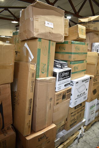 PALLET LOT of 35 BRAND NEW Boxes Including 2 Box 5001RT350N Lavex Natural Kraft Hardwound Paper Towel, 350 Feet / Roll - 12/Case, 3492424ANTWA Lancaster Table & Seating Square Industrial Solid Wood Live Edge Table Top with Antique Walnut Finish, Choice 9" x 6" x 3" Microwaveable 1-Compartment Black / Clear Plastic Hinged Container - 100/Case, C850 Sugar Sub Sitrrer, 395OP12 EcoChoice Compostable Sugarcane / Bagasse 10" x 12 1/2" Oval Platter - 500/Case, 128HD8BULK ChoiceHD 8 oz. Microwavable Translucent Plastic Deli Container - 480/Case, 394345XL Noble NexGen Powder-Free Disposable Black Hybrid 3 Mil Thick Gloves - Extra Large - 1000/Case, 433NHT101H Choice 1/6 Standard Size White "Thank You" Medium-Duty Plastic T-Shirt Bag - 1000/Case, 59448 Georgia Pacific Jumbo Bath Tissue Dispenser, 50010WRAPRIP Lavex 10 oz. Kraft Ripple Individually Wrapped Paper Hot Cup - 500/Case, 2 Box 395TO961PF EcoChoice 9" x 6" x 3" No PFAS Added Natural Bagasse Blend Take-Out Container - 200/Case, Fineline 15234M-FL Super Bowl Plus Clear Flat PET Plastic Lid for 24, 32, and 48 oz. Square Bowls - 300/Case, 351302090155 Cooking Performance Group 351302090155 4 3/4" Plate Caster with Brake for S24, S36, and S60 Series, 351302090156 Cooking Performance Group 351302090156 4 3/4" Plate Caster for S24, S36, and S60 Series, Choice Film and Foil Dispenser Cutter, 190FSL34 7 3/4" Floor Drain Strainer with 3/4" Depth, 600UDT2442 Regency 42" x 21" Stainless Steel Dish Table Undershelf for 4' Dish Tables. 35 Times Your Bid!