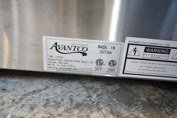 BRAND NEW SCRATCH AND DENT! 2023 Avantco 177F202 Stainless Steel Commercial Countertop Electric Powered 2 Bay Deep Fat Fryer w/ 2 Metal Baskets and 1 Lid. 208-240 Volts, 1 Phase.  - Image 10 of 10