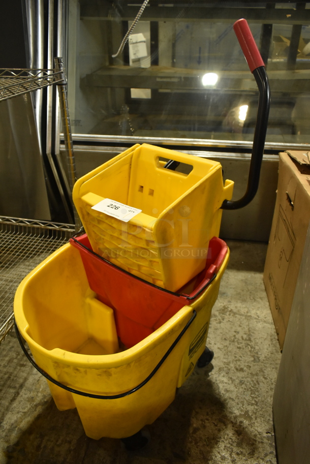 Yellow Poly Mop Bucket w/ Wringing Attachment on Commercial Casters. 