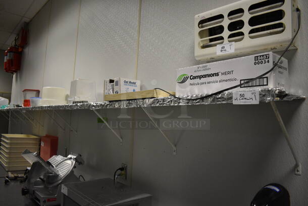 White White Shelf w/ Contents Including Bins and Ceramic Bowls. 240x12x13. BUYER MUST REMOVE. (kitchen) - Image 1 of 8