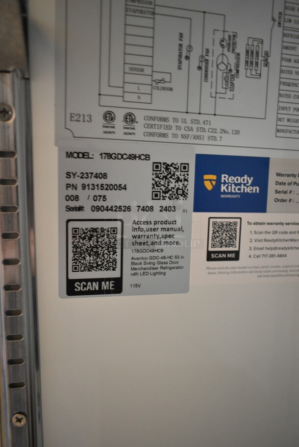 BRAND NEW SCRATCH AND DENT! 2024 Avantco 178GDC49HCB 53" Black Customizable Swing Glass Door Merchandiser Refrigerator with LED Lighting and Poly Coated Racks. 115 Volts, 1 Phase. Tested and Powers On But Does Not Get Cold - Image 10 of 10