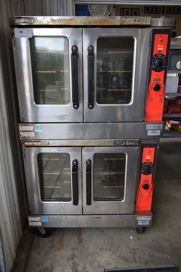 2 Vulcan VC5GD-11D1 Stainless Steel Commercial Natural Gas Powered Full Size Convection Oven w/ View Through Doors, Metal Oven Racks and Thermostatic Controls on Commercial Casters. 2 Times Your Bid!