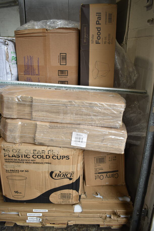 PALLET LOT of 21 BRAND NEW Boxes Including 395TO991 EcoChoice 9" x 9" x 3" Compostable Sugarcane / Bagasse 1 Compartment Take-Out Box - 200/Case, 2 Box 128HDLDBULK ChoiceHD Microwavable Translucent Plastic Deli Container Lid - 480/Case, 5008W Choice 8 oz. Tall White Poly Paper Hot Cup - 1000/Case, Choice 4 oz Portion Cups, Choice 16 oz Clear Shallow Hinged Deli Container, 5002CPTENAT Lavex 2-Ply Natural Kraft Center Pull Paper Towel 510' Roll - 6/Case, 245CB10PLN Choice 10" x 10" x 2" Kraft Customizable Corrugated Plain Pizza Box - 50/Case, 79516ESWHT Emperor's Select 16 oz. White Microwavable Paper Take-Out Container - 450/Case, 5 Box 600PSWT3048F Regency 30" x 48" Poly Table Top for 30" x 48" Poly Top Table without Backsplash. 21 Times Your Bid! - Image 7 of 8