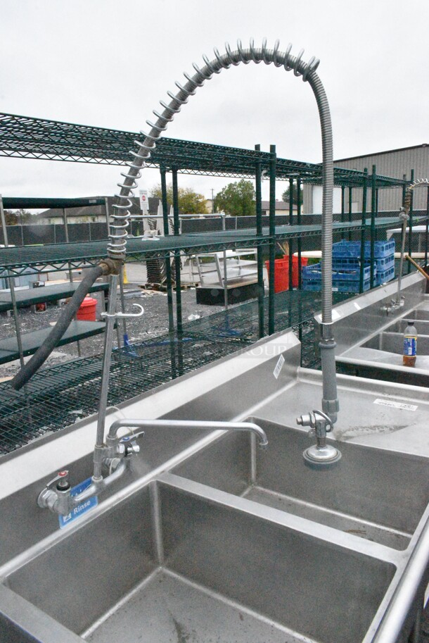 Stainless Steel Commercial 3 Bay Sink w/ Dual Drain Boards, Under Shelf, Faucet, Handles and Spray Nozzle Attachment. Bays 20x28x12. Drain Board 18x30 - Image 6 of 12