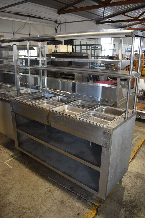 Stainless Steel Commercial 4 Well Gas Powered Steam Table w/ 2 Over Shelves and 2 Metal Under Shelves. 60x24x67