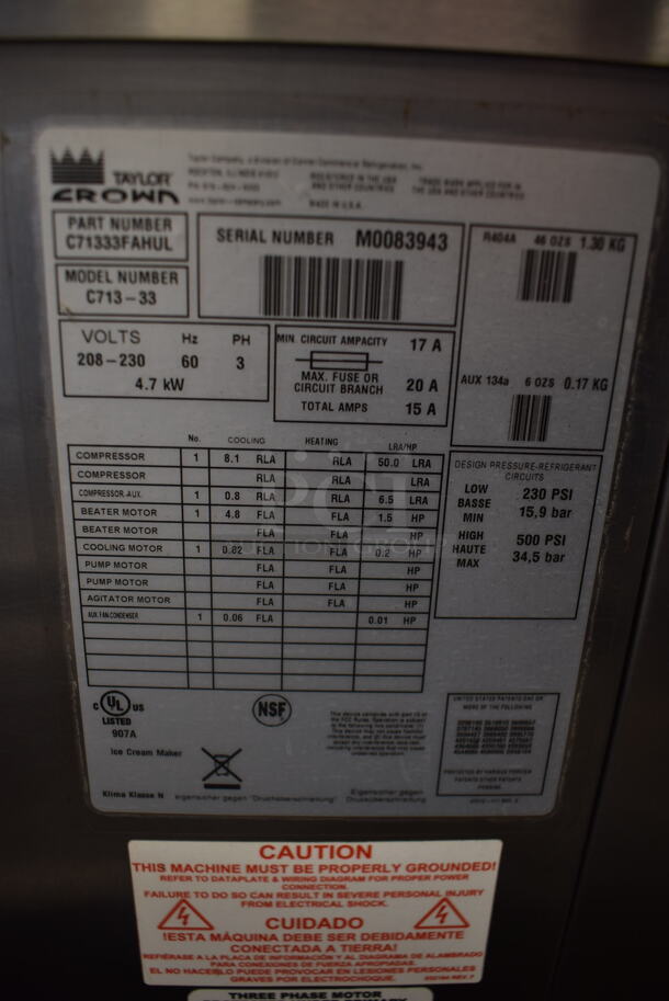 2010 Taylor C713-33 Commercial Stainless Steel Air Cooled Soft Serve Ice Cream Machine With Two Hoppers. 208-230V, 3 Phase.  - Image 4 of 4
