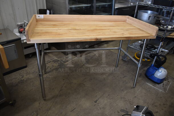 John Boos Butcher Block Table w/ Side and Back Guards on Metal Legs.