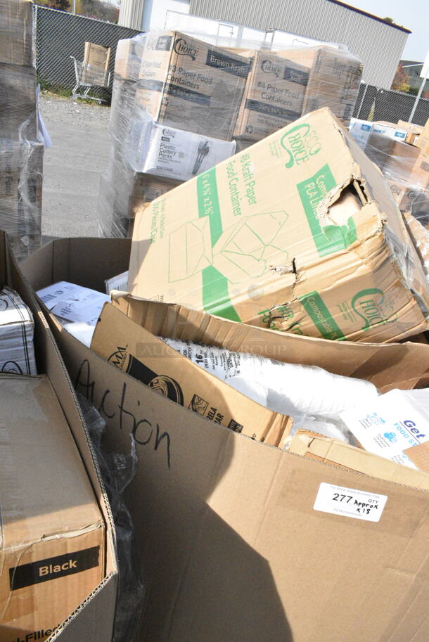 18 BRAND NEW Boxes Including Get Reddi Food Storage Bags, Choice 10" Three Compartment Plastic Plate, 795PLAKFT8 EcoChoice Kraft PLA Lined Compostable #8 Take-Out Container 6" x 4 3/4" x 2 1/2" - 300/Case. 18 Times Your Bid!  - Image 3 of 5