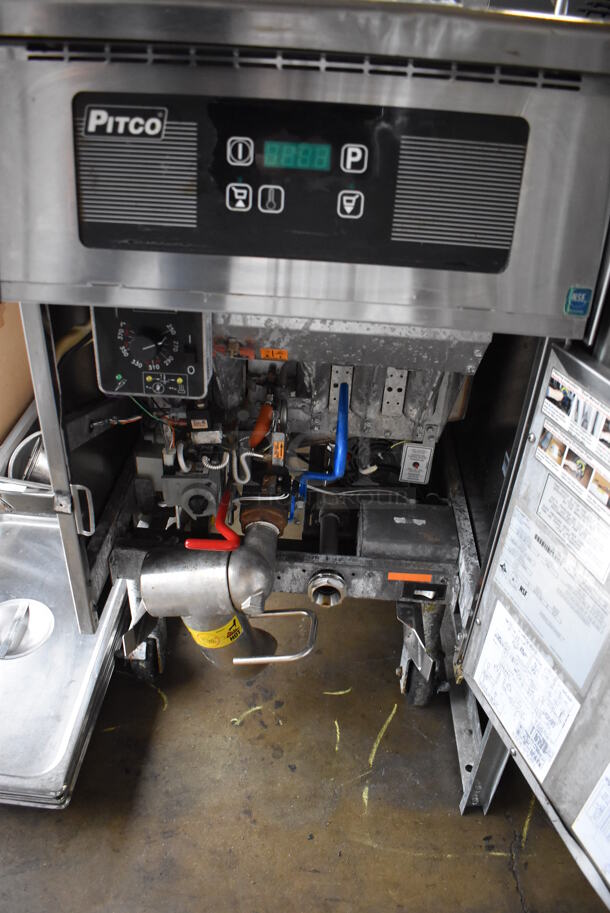 2011 Pitco Frialator SFSG6H Stainless Steel Commercial Floor Style Natural Gas Powered Deep Fat Fryer w/ Automatic Lifting System on Commercial Casters. 140,000 BTU. 20x34.5x69 - Image 6 of 8