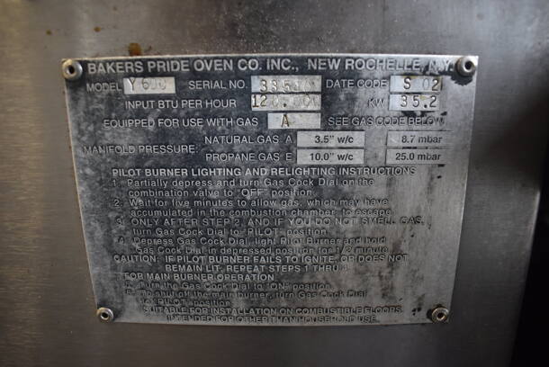 2 Bakers Pride Y600 Stainless Steel Commercial Natural Gas Powered Single Deck Pizza Ovens w/ Cooking Stones. 120,000 BTU. 78x43x67. 2 Times Your Bid! - Image 2 of 12