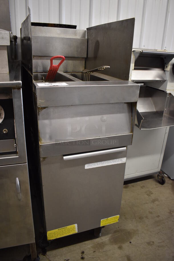 2019 Frymaster SM220GN Stainless Steel Commercial Floor Style Natural Gas Powered Deep Fat Fryer on Commercial Casters w/ Metal Fry Basket and 2 Side Splash Guards. 50,000 BTU. 16x31x47 - Image 2 of 7