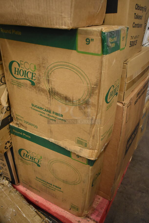 PALLET LOT of 35 BRAND NEW Boxes Including 795PTOKFT2 Choice 7 3/4" x 5 1/2" x 2" Kraft Microwavable Folded Paper #2 Take-Out Container - 200/Case, 5 Box 395RP09 EcoChoice Compostable Sugarcane, 966TALLFLDN Choice Kraft Natural Tall-Fold 6" x 13" Dispenser Napkin - 8000/Case, 612OB15LBD Choice 1.5 lb. Oblong Deep Foil Take-Out Container - 500/Case, 347RPBD10WHS PLATE 10" WH/SLV BAND 120 SILVER VISIONS, 130CLKFSNSPH Visions 10" White Plastic Plate with Silver Bands - 120/Case, 500TW7 Choice 7 oz. Translucent Thin Wall Plastic Cold Cup - 2500/Case, 5002DNAP Choice White 2-Ply Dinner Napkin 17" x 15" - 3000/Case, 2 Box 394365L Noble Products Powder-Free Disposable Clear Vinyl Gloves for Foodservice - Large - 1000/Case. 35 Times Your Bid! - Image 5 of 12