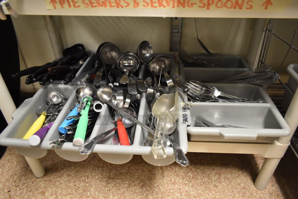 Tan Poly 4 Tier Shelving Unit w/ Contents Including Utensils. BUYER MUST REMOVE: BUYER MUST DISMANTLE. PCI CANNOT DISMANTLE FOR SHIPPING. PLEASE CONSIDER FREIGHT CHARGES. (dish room) - Image 4 of 7