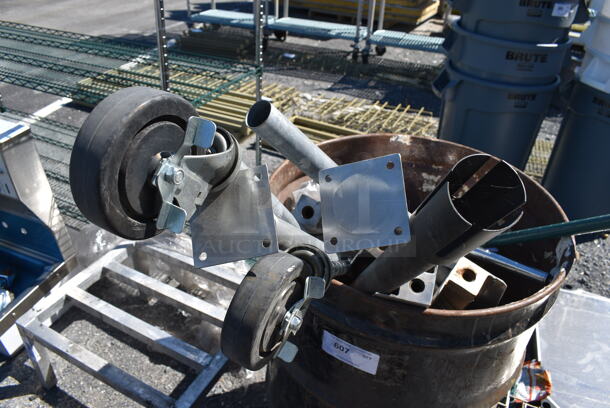 ALL ONE MONEY! Lot of Various Items Including Commercial Casters and Metal Rods in Metal Trash Can. 23x23x34 - Image 3 of 4