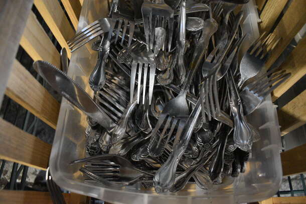 ALL ONE MONEY! Lot of Various Metal Silverware in Clear Poly Bin and Wooden Crate! 15x10.5x9.5 - Image 3 of 4