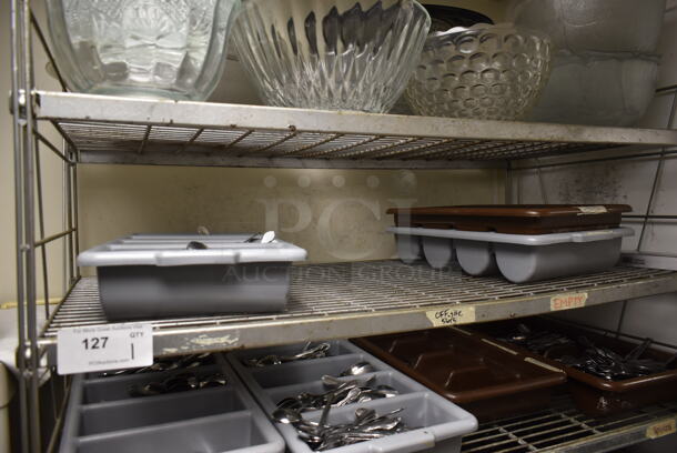 Metal Wire 6 Tier Shelving Unit w/ Contents Including Bins of Silverware. BUYER MUST REMOVE: BUYER MUST DISMANTLE. PCI CANNOT DISMANTLE FOR SHIPPING. PLEASE CONSIDER FREIGHT CHARGES. (dish room) - Image 3 of 7