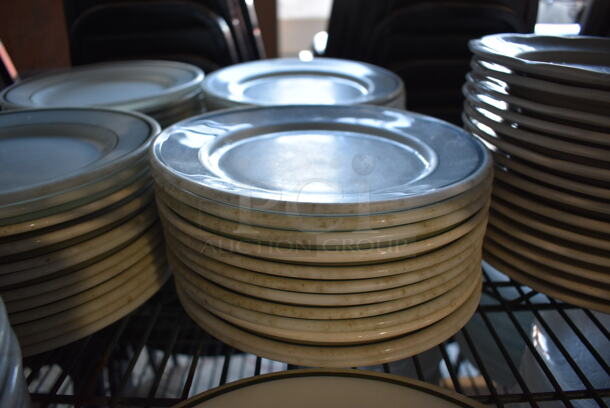 25 White Ceramic Plates w/ Green Lines on Rim. 9x9x1. 25 Times Your Bid! - Image 3 of 3