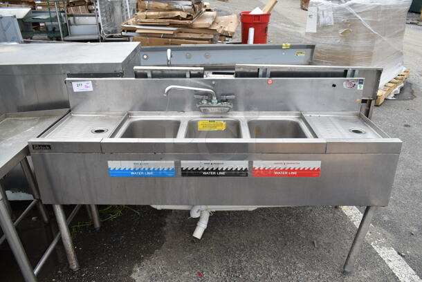 Perlick Stainless Steel Commercial 3 Bay Bar Sink w/ Dual Drain Boards, Faucet and Handles. Bays 10x8. Drain Boards 11x15 - Item #1114853