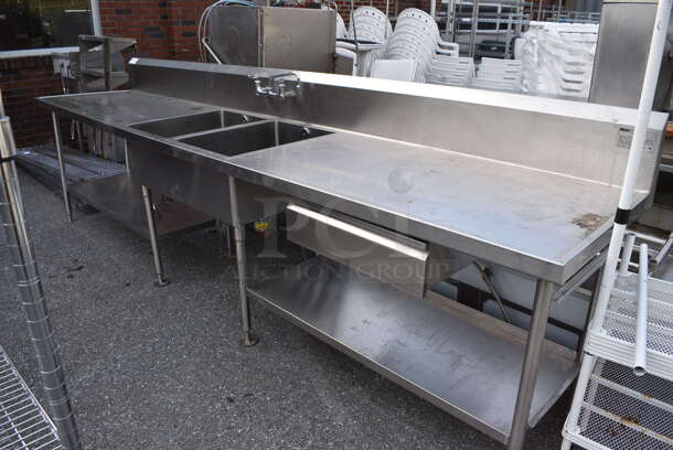 Stainless Steel 2 Bay Sink w/ Faucet, Handles and Under Shelves. 144x30x46. Bays 18x24x12