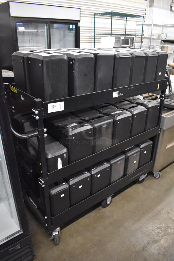 Black Metal 3 Tier Cart w/ 2 Push Handles and 40 Napkin Dispensers on Commercial Casters. 64x22x55
