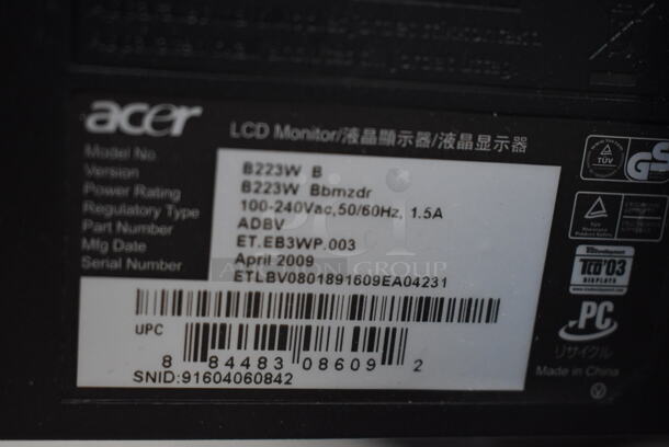3 Acer B223W B 22" Computer Monitors. 100-240 Volts, 1 Phase. 3 Times Your Bid! - Image 7 of 8