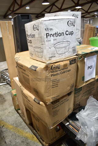 PALLET LOT of 21 BRAND NEW Boxes Including 127RD12BULK Choice 12 oz. Customizable Microwavable Translucent Round Deli Container - 500/Case, 760IC06G Choice 6 oz. Green Paper Frozen Yogurt / Food Cup - 1000/Case, CH12DEF Dart ClearPac SafeSeal 12 oz. Tamper-Resistant, Tamper-Evident Hinged Container with Flat Lid - 200/Case, Choice 1.5 oz Portion Cups, 2 Box 500TW7 Choice 7 oz. Translucent Thin Wall Plastic Cold Cup - 2500/Case, 2 Lavex Black Slim Jim Trash Cans, 65602134 Polar Pak 2134 12" x 8" x 4" Jumbo Clear Hinged Deep Takeout Container - 150/Case, 6140203002CL Pitco 60203002-CL Vlv,Gas Bmvr Lp 10.0 W.C., 6962BLK, Noble Gloves, 2 Box 129MCS38B Choice 38 oz. Black Rectangular Microwavable Heavy Weight Container with Lid 8 3/4" x 6 1/4" x 2" - 150/Case, Choice 3.25 oz Portion Cup Lids, 922485 Vollrath 485 Replacement 1/4" Blade Assembly for 403N Redco Lettuce King I Vegetable Shredder and Slicer, 600DT1 Regency Twist Handle Waste Valve - 3 1/2" Sink Opening. 21 Times Your Bid!