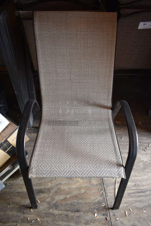 10 Light Brown / Tan Patio Chairs on Black Metal Frame. Stock Picture - Cosmetic Condition May Vary. 10 Times Your Bid! (outside shed)