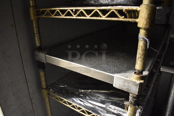 2 Gold Finish 4 Tier Shelving Unit. BUYER MUST DISMANTLE. PCI CANNOT DISMANTLE FOR SHIPPING. PLEASE CONSIDER FREIGHT CHARGES. 48x18x40.5. 2 Times Your Bid! (kitchen) - Image 4 of 4