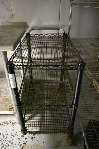 Chrome Finish 3 Tier Wire Cart w/ Push Handle. Missing 1 Caster. 35x18x35. (kitchen)
