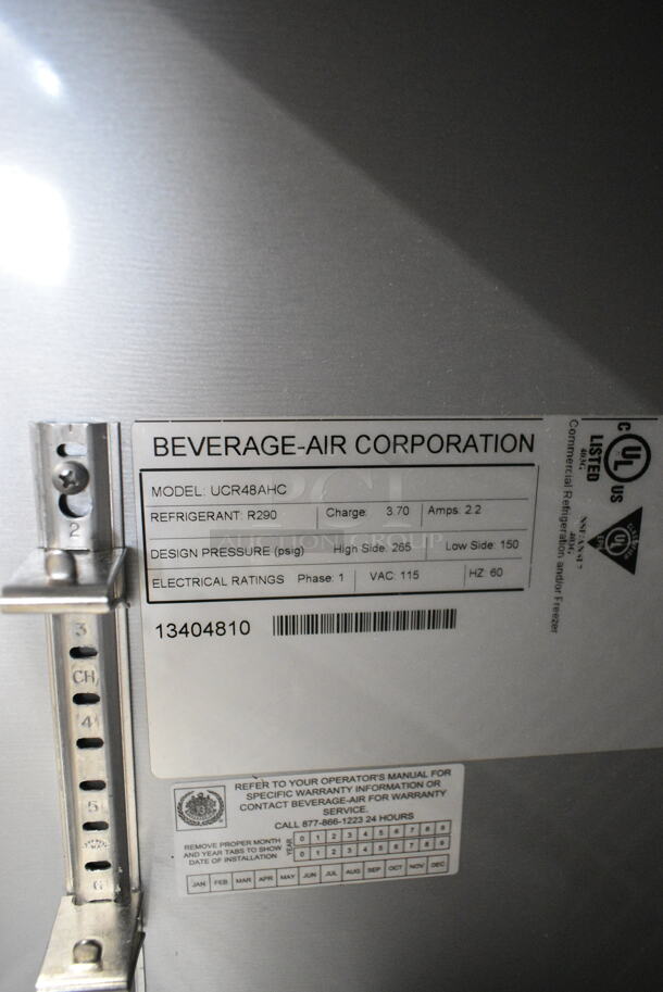 Beverage Air UCR48AHC Stainless Steel Commercial 2 Door Undercounter Cooler on Commercial Casters. 115 Volts, 1 Phase. Tested and Working!
 - Image 8 of 8