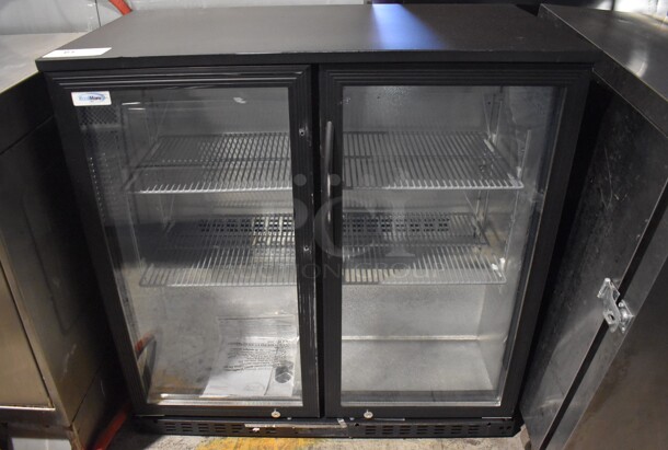 BRAND NEW SCRATCH AND DENT! KoolMore BC-2DSW-BK Metal Commercial 2 Door Cooler Merchandiser w/ Poly Coated Racks. 115 Volts, 1 Phase. 35.5x20x35. Tested and Working! - Image 1 of 8