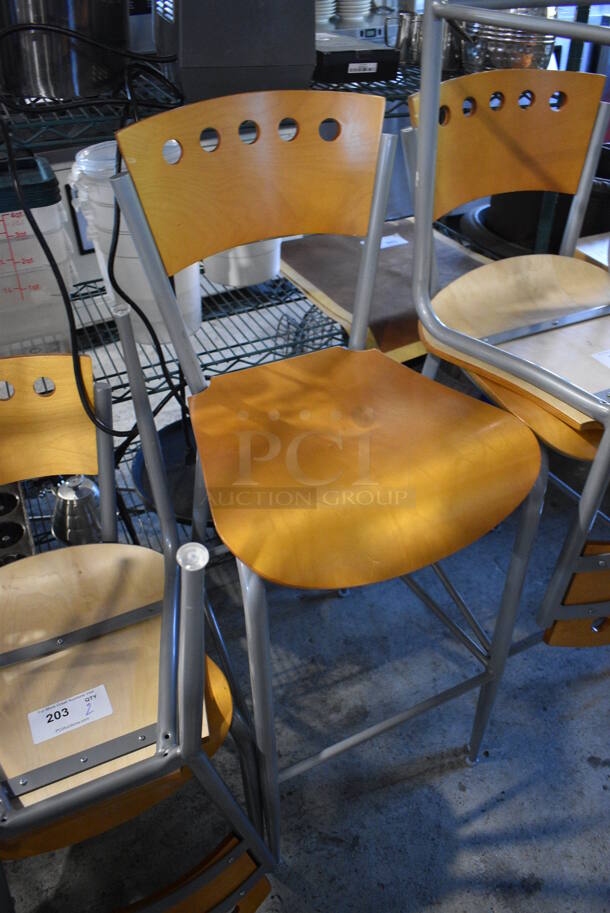 2 Wooden Bar Height Chairs on Gray Metal Frame. Stock Picture - Cosmetic Condition May Vary. 17x16x43. 2 Times Your Bid! - Image 2 of 3