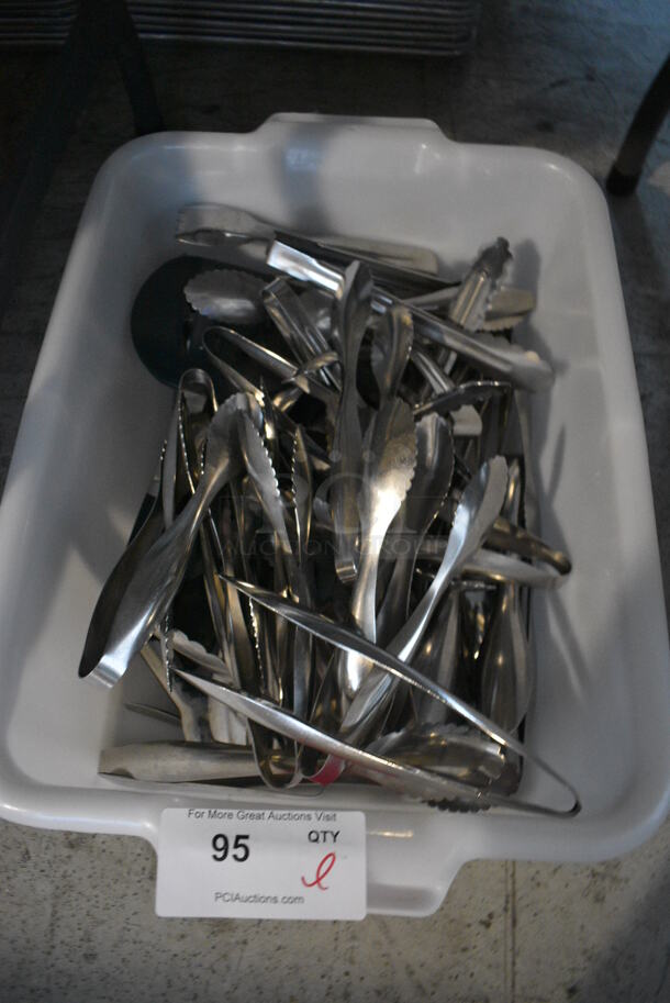 ALL ONE MONEY! Lot of Various Metal Utensils Including Tongs in White Poly Bus Bin!